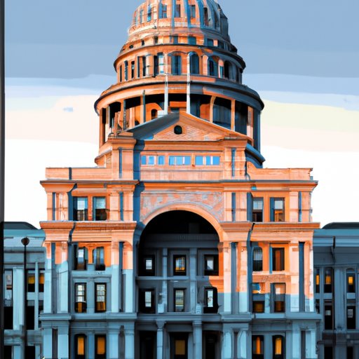 An illustration of the Texas State Capitol building with its neoclassical architecture and white columns in the evening light