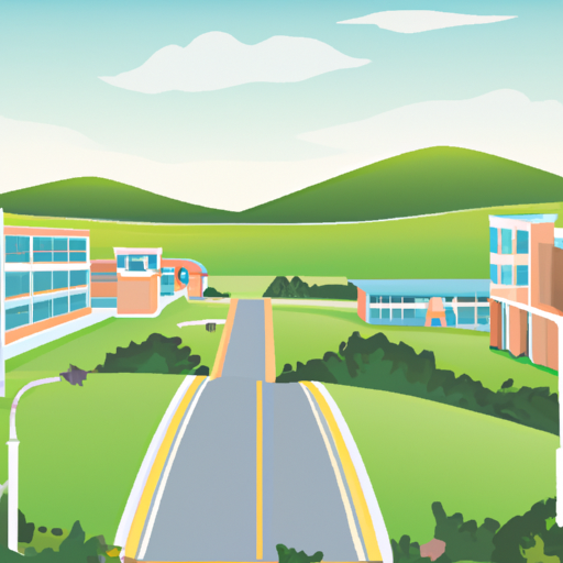 An illustration of a university campus with rolling hills in the background