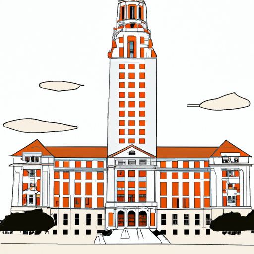 An illustration of the University of Texas at Austin campus with its historic buildings and towering Tower