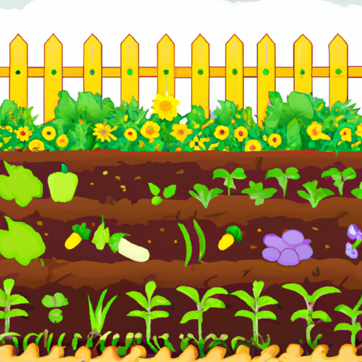 Illustration of a vegetable garden with plants in various stages of growth