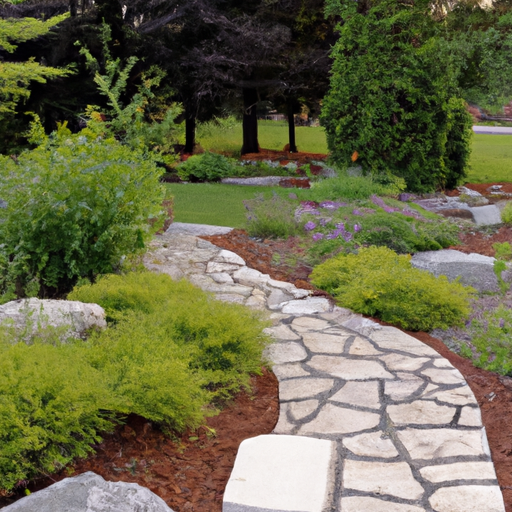 A lush garden with a rock pathway