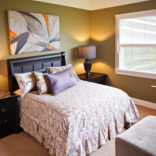 A modern bedroom with accent wall and recessed lighting