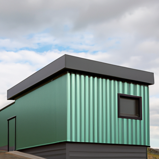 A modernist box with a green roof and metal siding