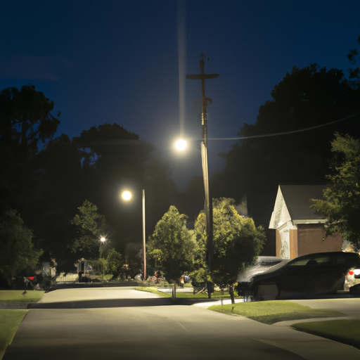 a night scene of a residential street with street lights