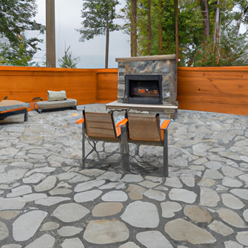 An outdoor patio with a stone fire pit and wooden seating area