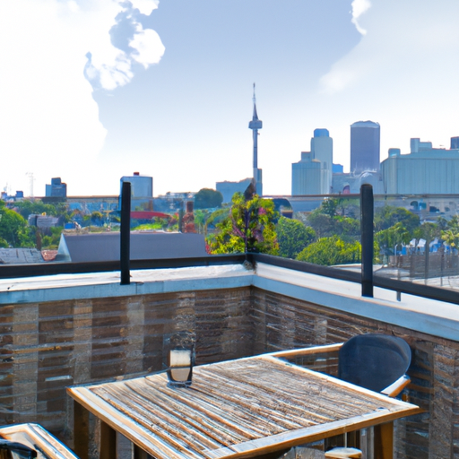 An outdoor patio with a view of the city