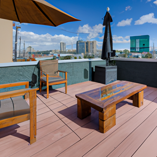 An outdoor patio with a view of a nearby city skyline