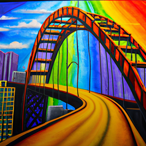 A painting of a colorful rainbow bridge spanning a cityscape