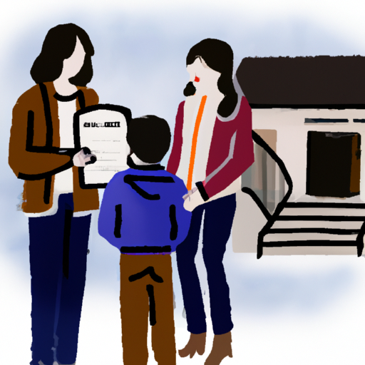 A painting of a family touring a house and discussing with a realtor