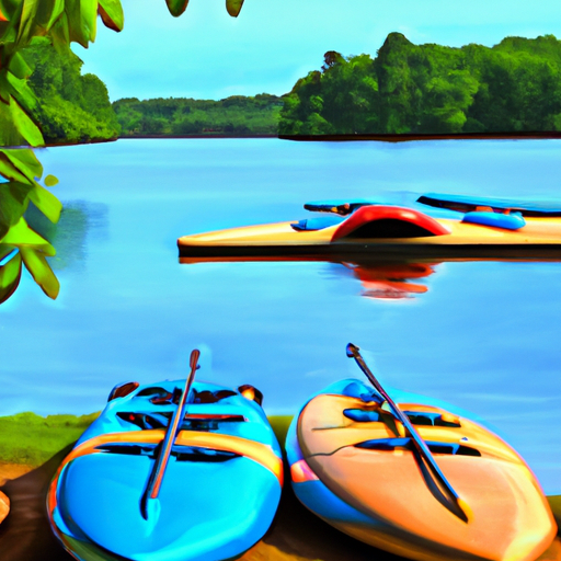 A painting of a lake with kayaks and paddle boards in the foreground