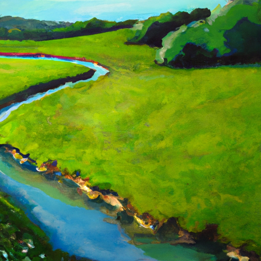 An oil painting of a meadow with a stream running through it