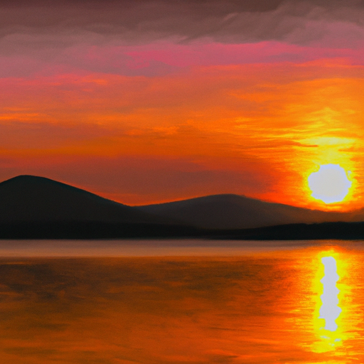 A painting of a sunset reflecting off a lake with mountains in the distance