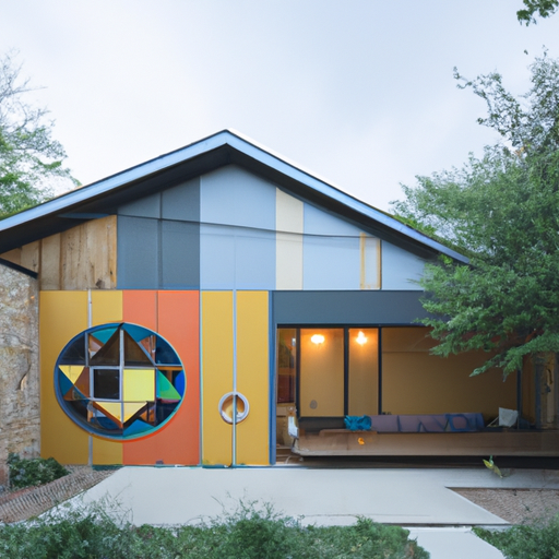 A photo of an Austin home with a unique unconventional design featuring geometric shapes and colors