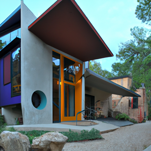 A photo of an Austin home with a unique unconventional design featuring distinct shapes and colors