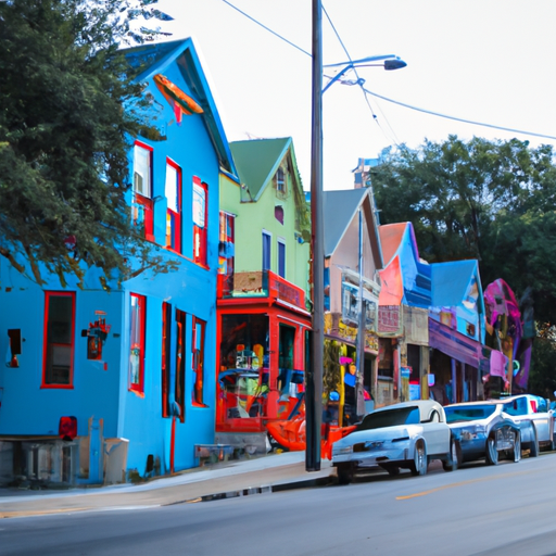 A photo of an Austin street lined with colorful buildings