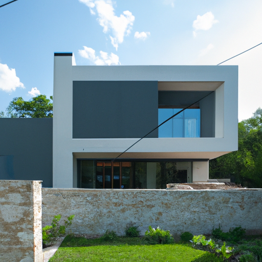 A photo of a contemporary Austin home with a mix of geometric shapes and forms