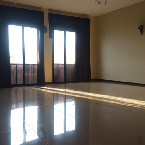 A photo of an empty living room with natural sunlight streaming through the windows