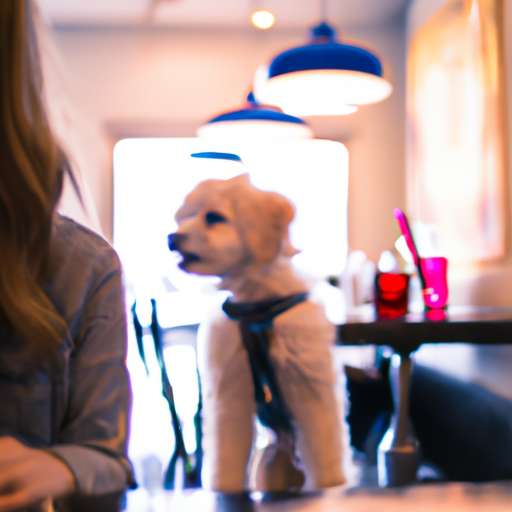 a photo of a pup sitting in a restaurant with their owner at the table