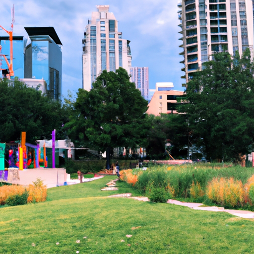 A photo of a vibrant park in the heart of downtown Austin