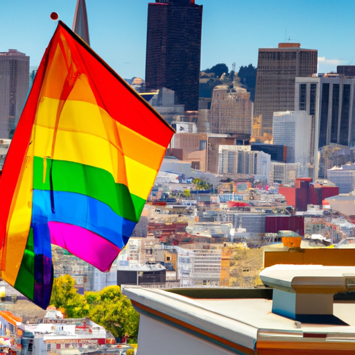 A photograph of a bustling cityscape with colorful buildings and a rainbow flag in the foreground