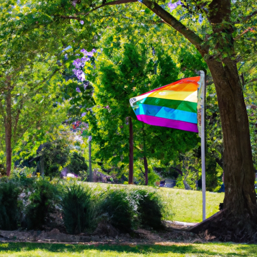 A photograph of a city park with a pride flag flying in the breeze