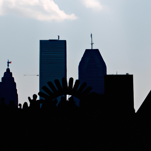 A photograph of a city skyline with a silhouette of a pride parade