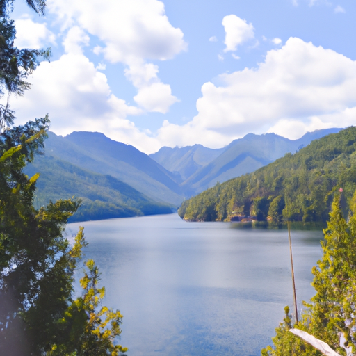 A photograph of a lake surrounded by trees and mountains