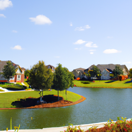 A photograph of a park in a gated community with a pond