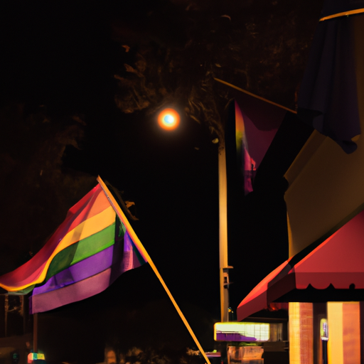 A photograph of a vibrant night scene with a rainbow flag flying in the breeze