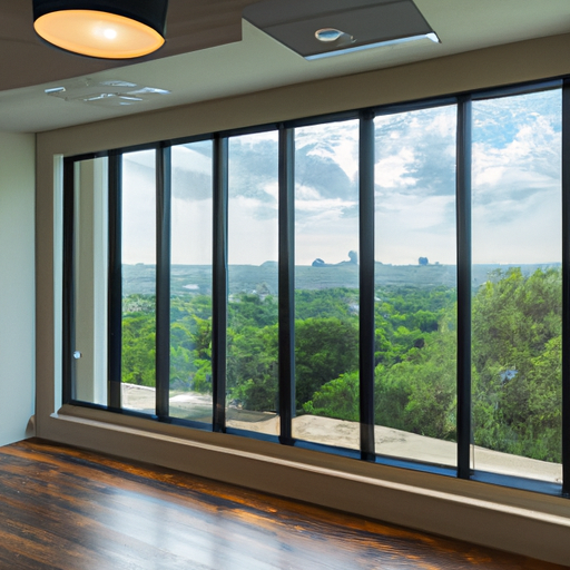 A picture of an office with a large window overlooking an Austin neighborhood