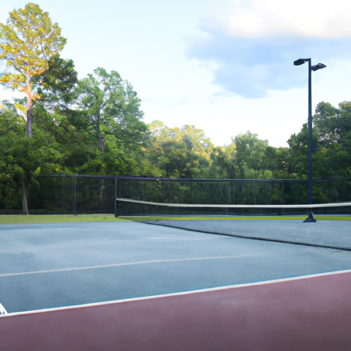 A picture of a tennis court in a gated community surrounded by trees