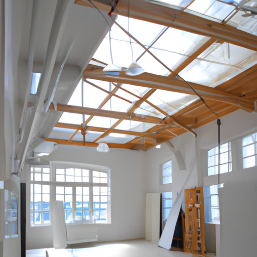 An art studio with a skylight and high ceilings