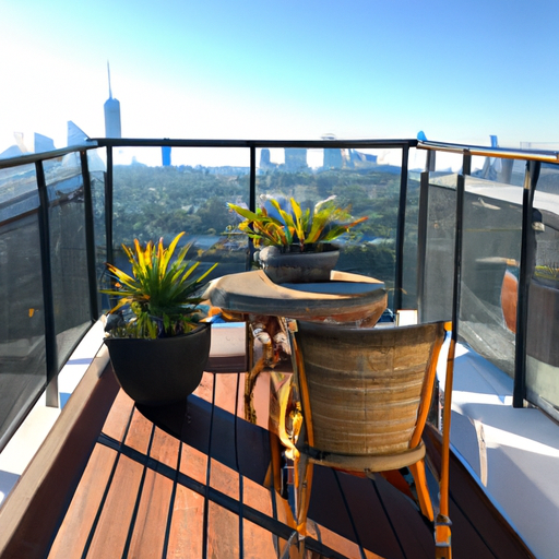 A sundrenched balcony overlooking a city skyline