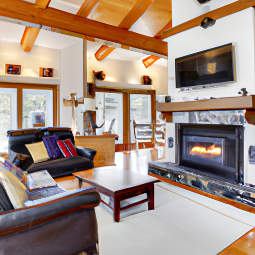 A sunlit living room with exposed wooden beams and a cozy fireplace