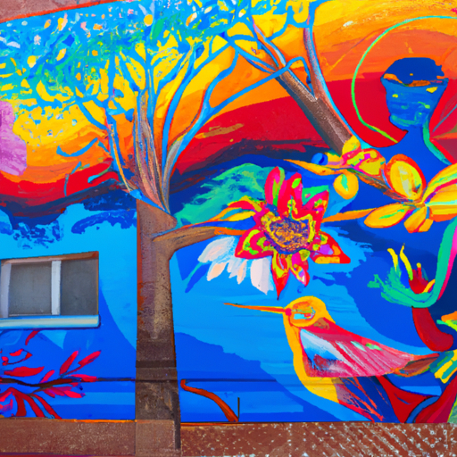 A vibrant mural painted on the side of a brick house