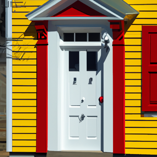 A vibrant yellow house with white trim and a bright red door shining in the sunlight