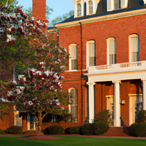 A view of the Governors Mansion in the evening light with its red brick exterior and tall magnolia trees