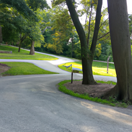 A view of a park with trees benches and a winding path