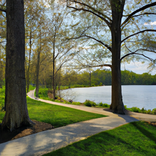 A view of a park with trees trails and a lake in the background