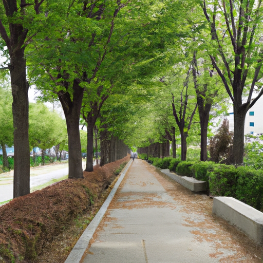 A view of a sidewalk lined with trees