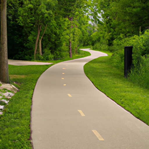 A view of a winding bike path surrounded by lush greenery