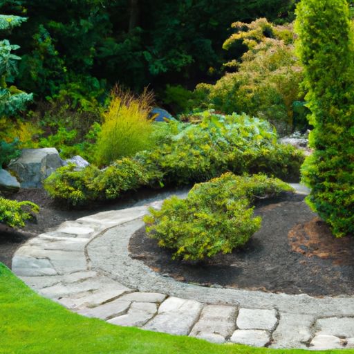 A wellmanicured garden with a winding stone pathway