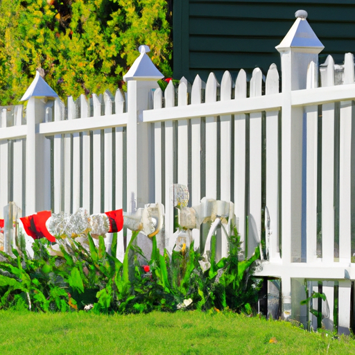 A white picket fence surrounding a vibrant green lawn with tulips in the foreground