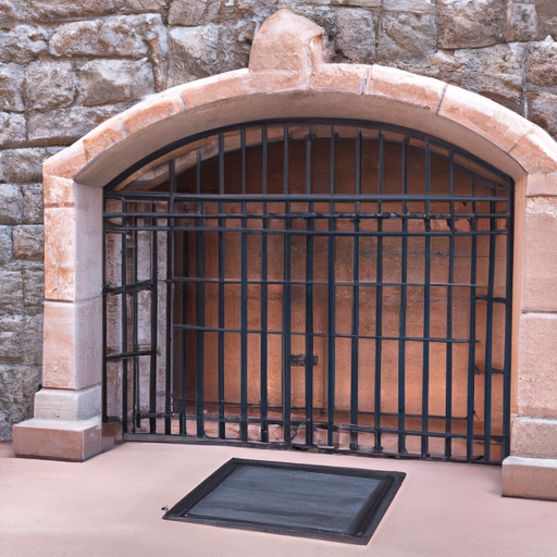 A wine cellar with a stone wall and ornate iron gate