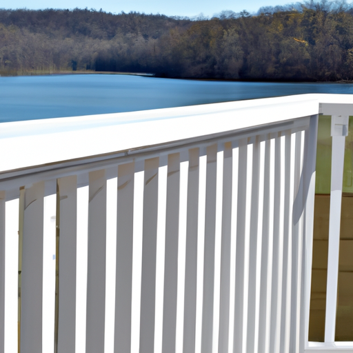 A wooden deck with a white railing overlooking a lake in the background