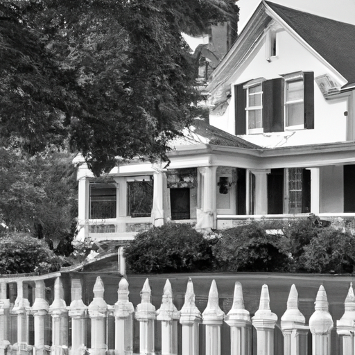 A black and white photo of a traditional brick home with a white picket fence